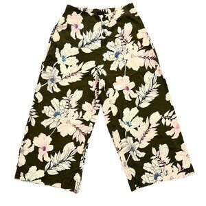 Sanctuary Women's Petite Wide-Leg Cropped Pants Olive Green Floral Print